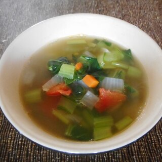 小松菜、にんじん、トマトのスープ